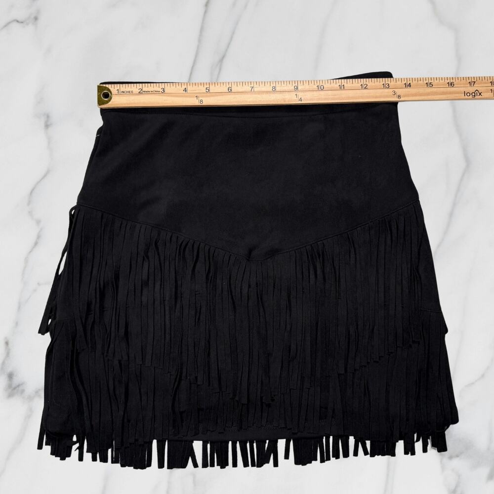 Altar'd State Black Faux Suede Tiered Fringe Western Mini Skirt Size Small - Picture 6 of 9